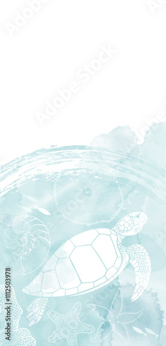  Luxury design with turtle, underwater plant, starfish, fish, sea creature and  blue watercolor splash. Template design for text, packaging, booklets, brochure and prints.