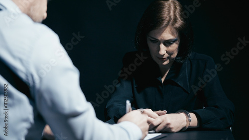 Arrested woman listens to a police detective as he announces the laws she has violated photo