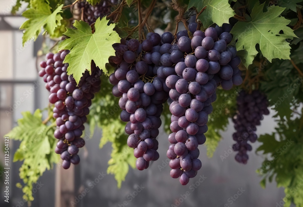 A bunch of ripe purple grapes hanging from a vine with detailed pixel art details and lush green leaves , harvest, nature A bunch of ripe purple grapes hanging from a vine with detailed pixel art details and lush green leaves , harvest, nature