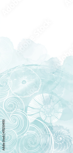 Vector flyers on marine theme with sea creatures,  nautilus and  watercolor splash. Template design for text, packaging, booklets, brochure and prints.