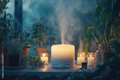 Essential oil diffuser emitting mist with plants and candles around.