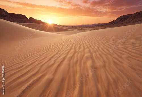 A breathtaking sunset over arid sand depicts an endless expanse of warm colors and soft hues, vastness, golden light, desert sunset