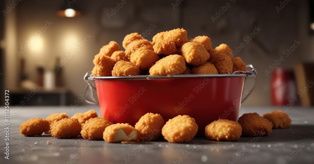A bright orange-red bucket filled with juicy fried chicken nuggets and sauce, picnic, basket A bright orange-red bucket filled with juicy fried chicken nuggets and sauce, picnic, basket