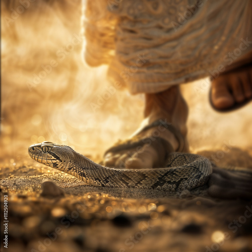 Closeup of a foot stepping on a snake, symbolic of the Bible prophecy in Genesis