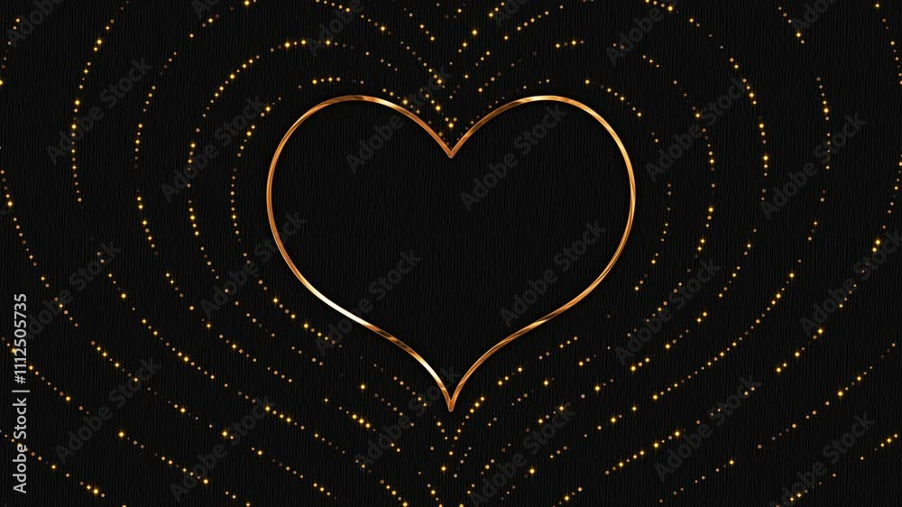 valentines day golden heart frame and glitter shiny gold particles and stars on paper texture background animation, romantic dotted luxury dark copy space motion background	
