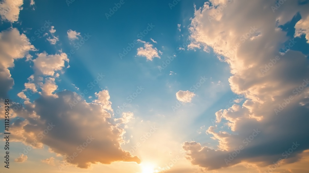 Majestic sunrise revealing vibrant clouds and rays of sunlight in a clear blue sky over a tranquil horizon Majestic sunrise revealing vibrant clouds and rays of sunlight in a clear blue sky over a tranquil horizon