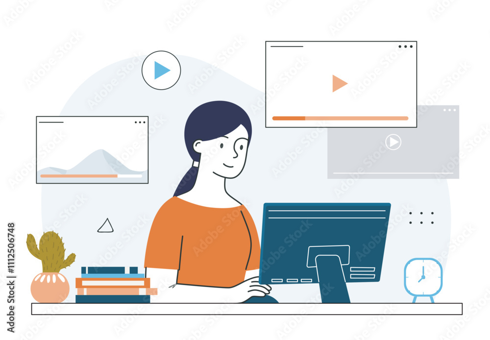 Woman watching media player. Young girl with computer watch videos. Fun and entertainment. Content in social media. Linear vector illustration