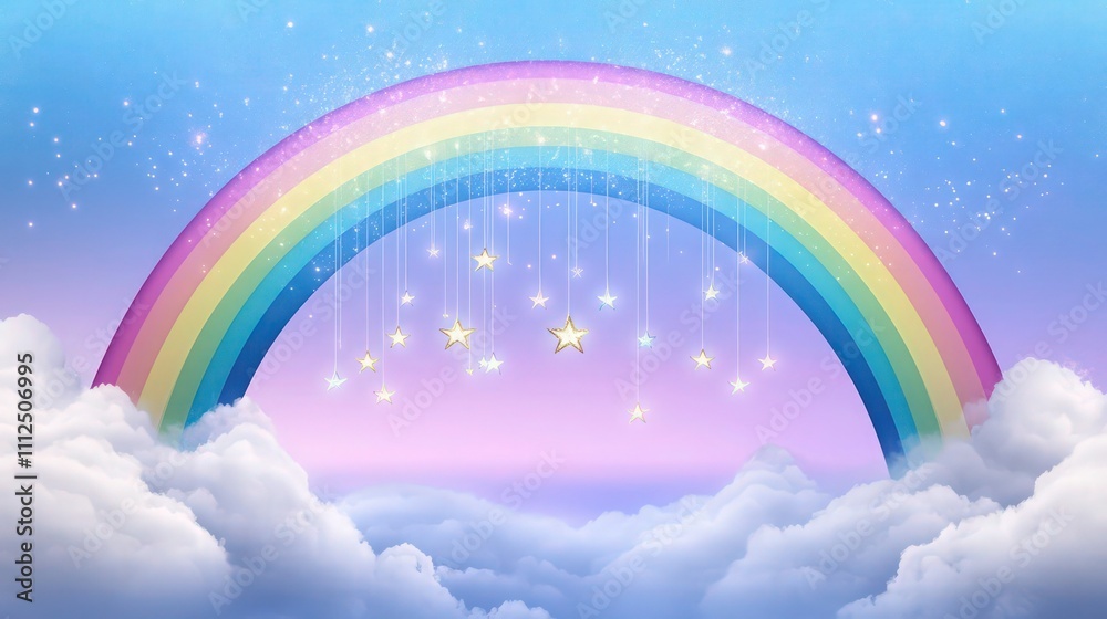 Soft pastel rainbow arch with sparkling stars hanging above and below, surrounded by fluffy clouds that almost touch the horizon. Soft pastel rainbow arch with sparkling stars hanging above and below, surrounded by fluffy clouds that almost touch the horizon.