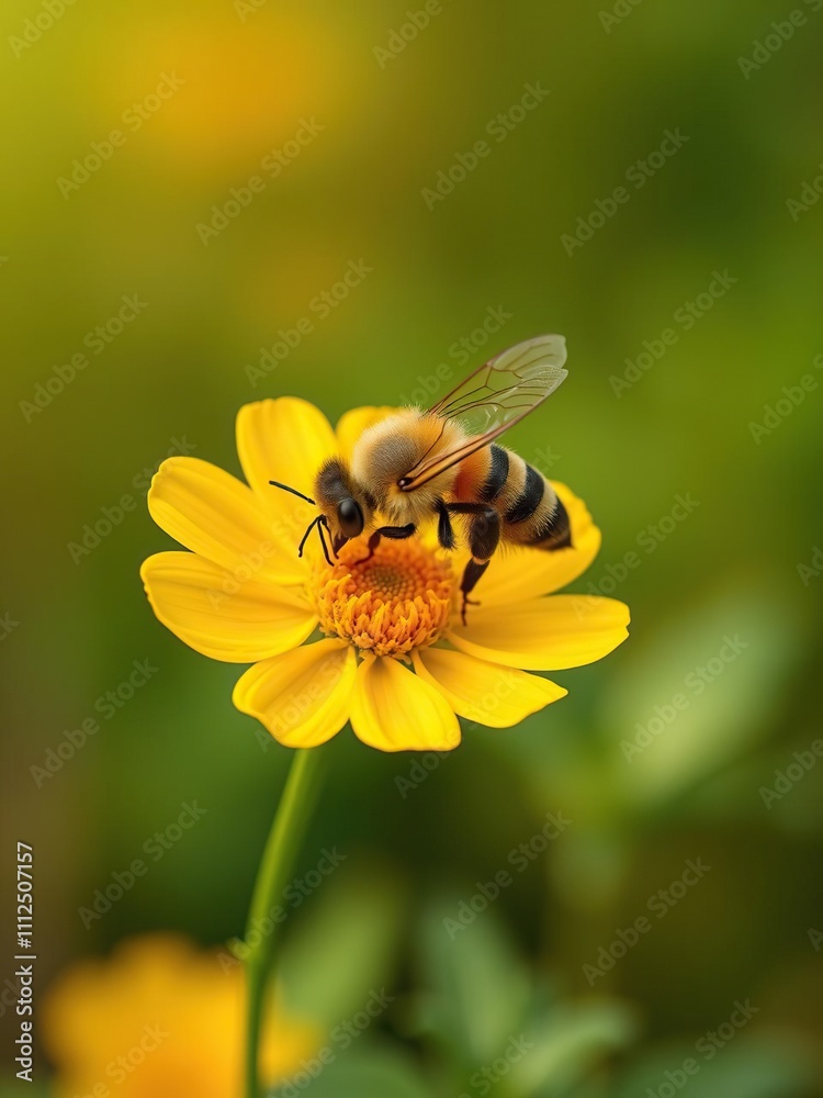A honey bee hovering above a bright yellow flower collecting nectar, honey bees flying, flowers with nectar, pollinator activity A honey bee hovering above a bright yellow flower collecting nectar, honey bees flying, flowers with nectar, pollinator activity