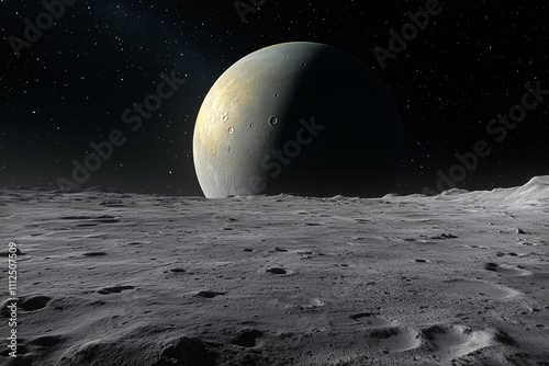Exoplanète rocheuse cratérisée et sans atmosphère vue depuis l'une de ses lunes