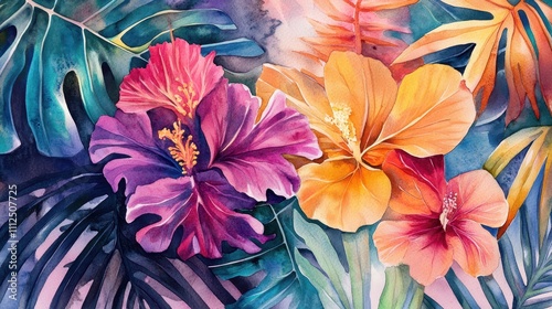 Wallpaper Mural Dense botanical watercolor art featuring exotic plants, vibrant colors, and complementary tones, side view focus Torontodigital.ca