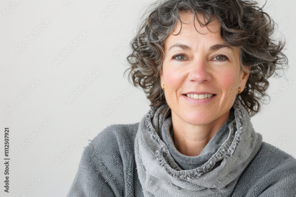 Portrait of a happy woman in her 50s dressed in a comfy fleece pullover isolated in white background Portrait of a happy woman in her 50s dressed in a comfy fleece pullover isolated in white background