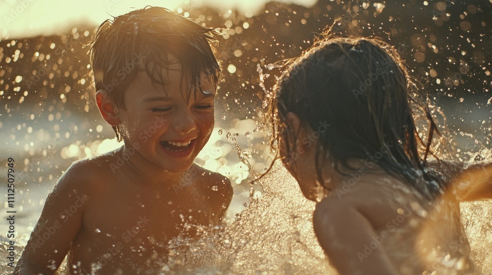 Obraz premium Two Children Playing in Water, Golden Sunlight