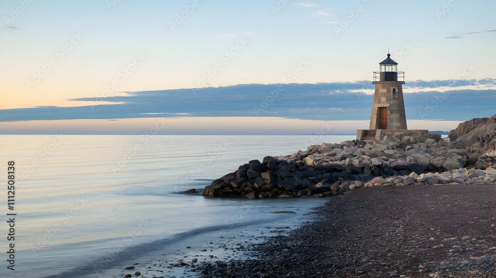 Travel exploration budget relaxation concept. A serene lighthouse stands on rocky shores, overlooking calm waters and a colorful sky at dawn, embodying tranquility and coastal beauty. Travel exploration budget relaxation concept. A serene lighthouse stands on rocky shores, overlooking calm waters and a colorful sky at dawn, embodying tranquility and coastal beauty.