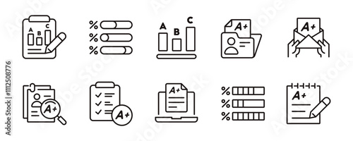 exam score grade icon set education quiz result questionnaire test assessment evaluation signs outline vector illustration