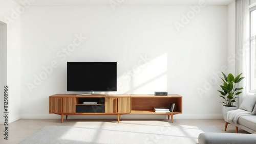 TV mockup, TV cabinet, and storage space in a living room with a white wall.