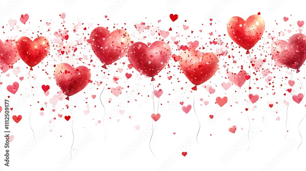 Red heart balloons and confetti. Red heart balloons and confetti.