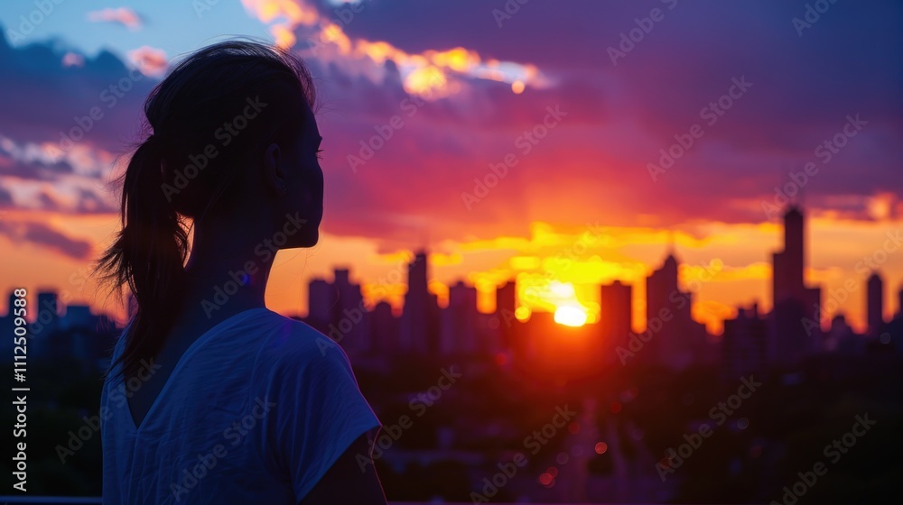 Fototapeta premium A woman stands alone, gazing out at a beautiful sunset with a cityscape visible in the distance