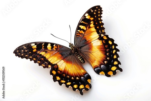 A close-up view of a butterfly's wings on a white background