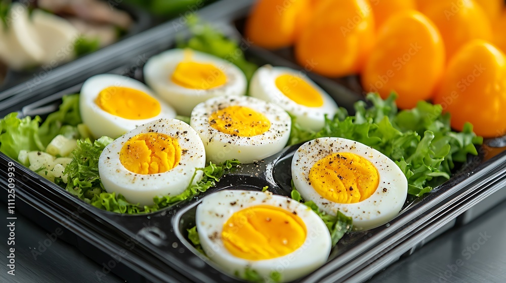 A close-up of a low-carb snack box filled with boiled eggs, mixed greens, and sliced cheese, ideal for a healthy diet A close-up of a low-carb snack box filled with boiled eggs, mixed greens, and sliced cheese, ideal for a healthy diet