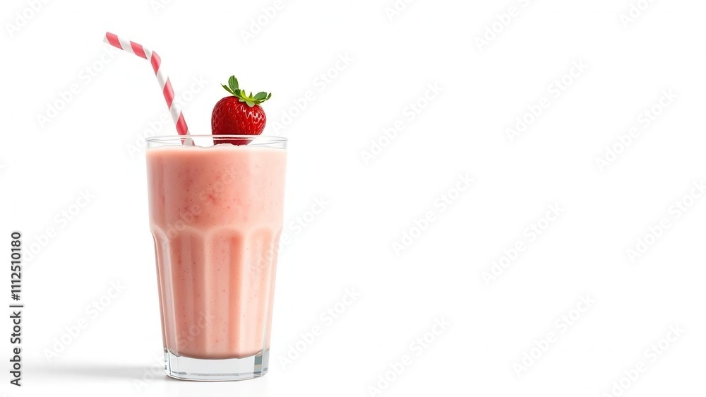A glass of strawberry milkshake with a straw on an isolated white background, drink, refreshing