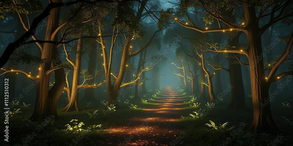 Naklejka premium A glowing forest with several paths leading off into the darkness, each one lined with radiating branches and soft, luminescent leaves, soft illumination, radiant foliage, glowing forest