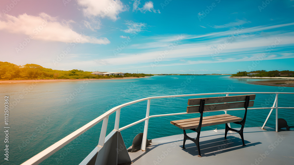 Travel exploration budget relaxation concept. A serene view from a boat, featuring a bench overlooking calm waters and lush greenery under a bright blue sky.