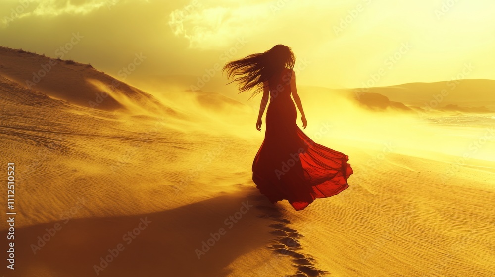 Woman in a Red Dress Embraces the Desert Sunset Woman in a Red Dress Embraces the Desert Sunset