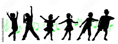 Children dancing silhouettes on white background.  Vector illustration.	
