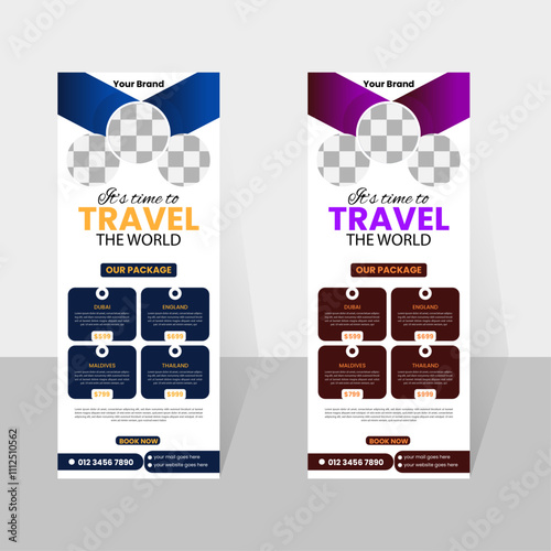 Traveling roll up banner design layout , vacation, travel signage, travel-agency roll up banner, vector layout for tour or travel purposes.