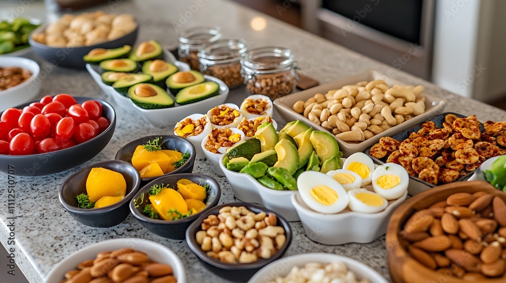 Fototapeta premium A variety of low-carb snacks like roasted nuts, avocado slices, and hard-boiled eggs, arranged on a kitchen countertop 