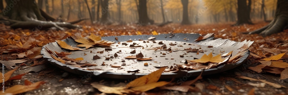 A shattered plate on a bed of rustling leaves in an autumnal forest, fall foliage, forest bed A shattered plate on a bed of rustling leaves in an autumnal forest, fall foliage, forest bed