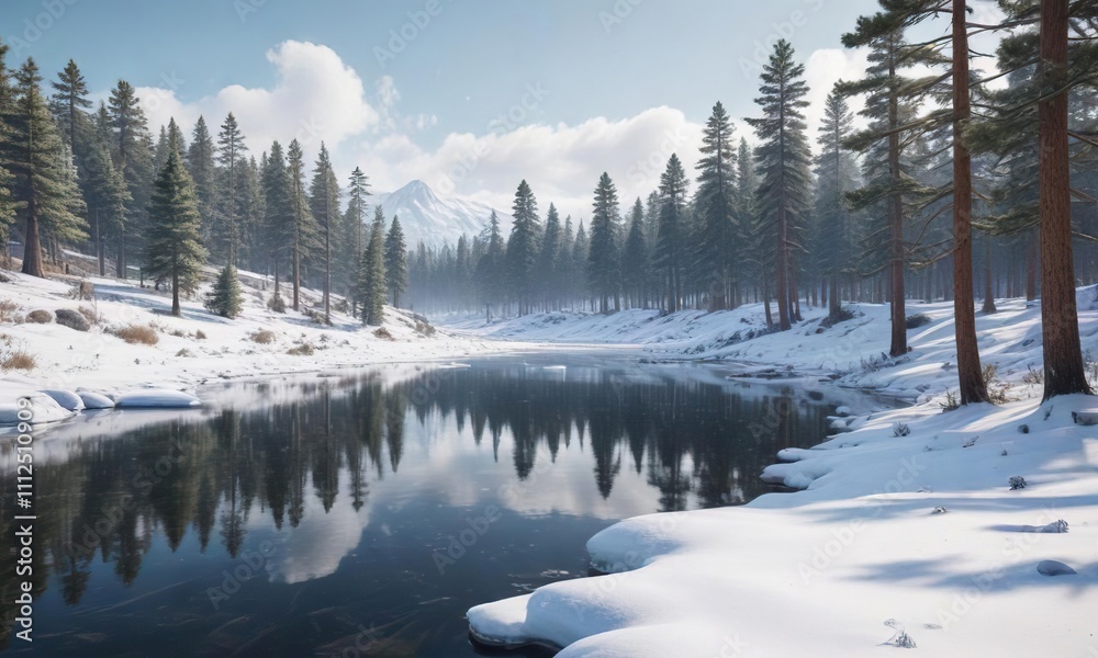 A serene snow-covered landscape with a frozen lake in the background and pine trees surrounding it, frosty morning, tranquil scene, snow-covered landscape