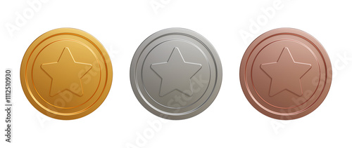 Set of golden, silver and bronze coins. coin with star rating sign in different angle. Realistic toss coin with star embedded. 3D Rendering