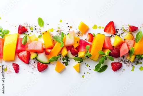 Modern deconstructed fruit salad with precisioncut mango, watermelon, and strawberries in linear formations, Deconstructed fruit salad, Contemporary food styling photo