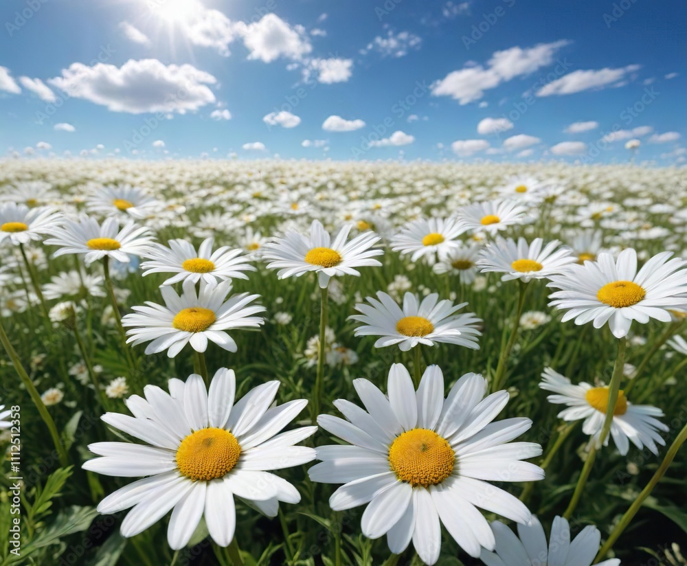 Obraz premium A vast expanse of white daisies stretching across a bright blue sky on a warm summer day , fresh air, floral field,
