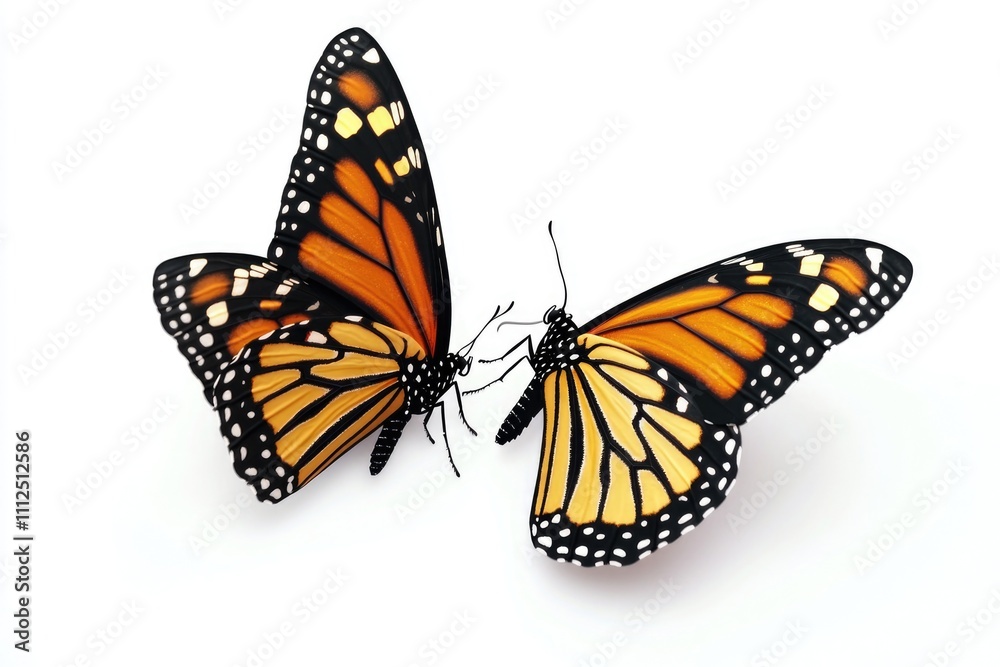Fototapeta premium Two butterflies sit on a white surface, perhaps on a leaf or a table