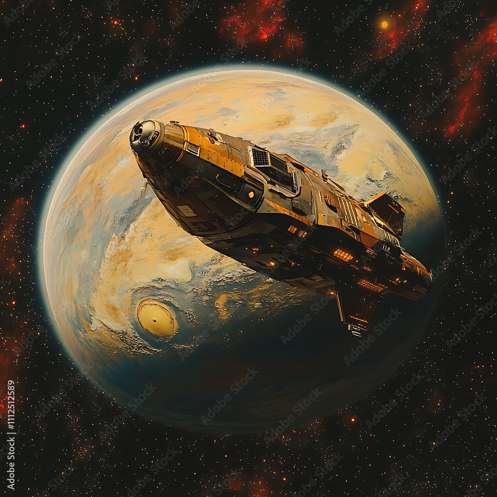 Sci fi spacecraft orbiting planet within deep space adventure image Sci fi spacecraft orbiting planet within deep space adventure image