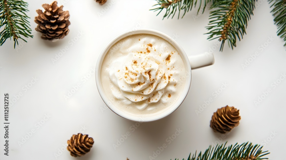 Cozy Winter Coffee: A steaming mug of coffee with whipped cream and cinnamon, nestled amongst pine branches and pine cones. Warm and inviting, perfect for a winter wonderland scene. Cozy Winter Coffee: A steaming mug of coffee with whipped cream and cinnamon, nestled amongst pine branches and pine cones. Warm and inviting, perfect for a winter wonderland scene.