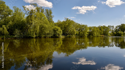 Summer reflections on calm ponds surrounded by lush greenery in Piaseczno
