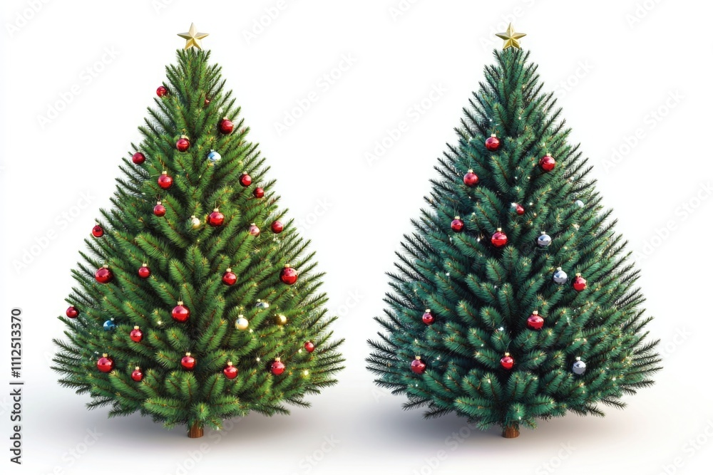 Two artificial Christmas trees standing together, perfect for decorating events or homes Two artificial Christmas trees standing together, perfect for decorating events or homes