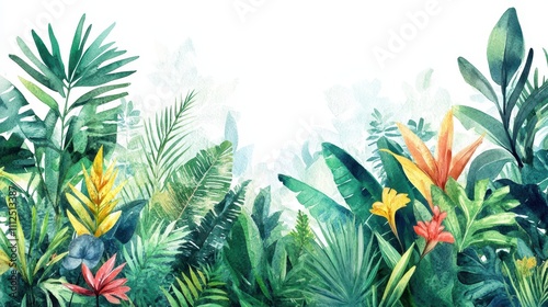 Watercolor painting of a dense tropical jungle with vibrant foliage, featuring exotic plants and complementary hues, side view