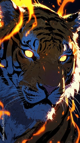 Fierce tiger in vibrant flames with golden eyes