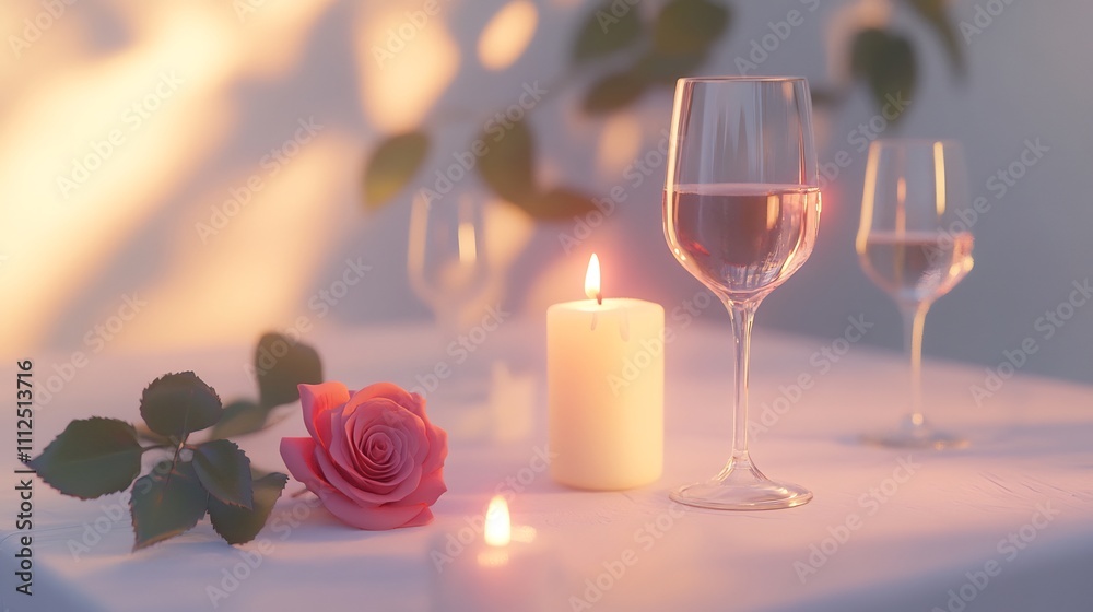 Romantic dinner setting with wine, candle, and rose. Romantic dinner setting with wine, candle, and rose.