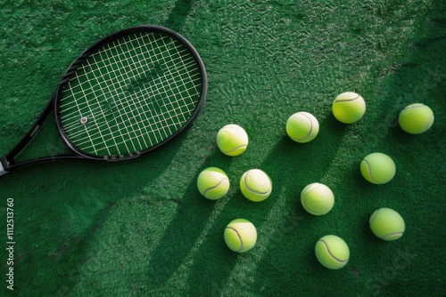 A tennis racket and six tennis balls on a tennis court photo