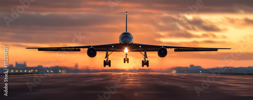 B-2 spirit stealth bomber landing on a runway during a vibrant sunset, showcasing its impressive silhouette against the colorful sky photo