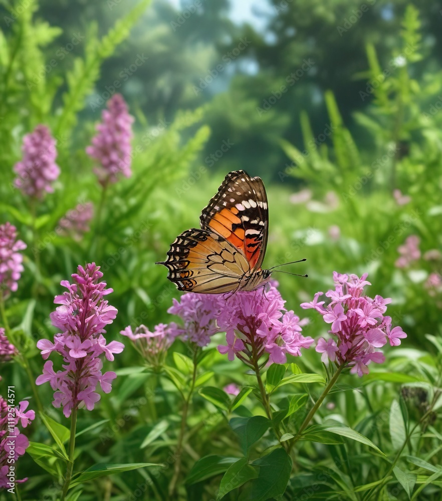 Butterfly resting on a stunning lilac-pink wildflower in the midst of lush green grass, purple, green grass Butterfly resting on a stunning lilac-pink wildflower in the midst of lush green grass, purple, green grass