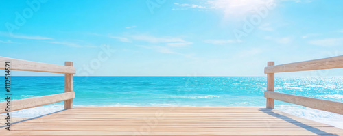 Empty wooden pier leading to beautiful tropical beach with turquoise water and blue sky on sunny summer day