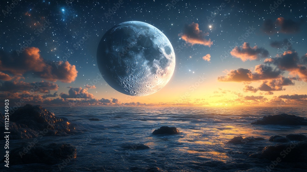 panorama of starry sky with crescent moon in the clouds panorama of starry sky with crescent moon in the clouds