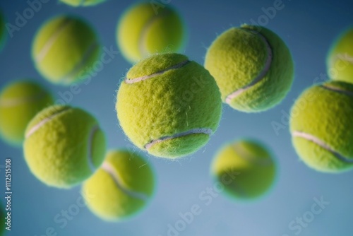 A bunch of tennis balls flying through the air, perfect for sports and fitness related themes photo